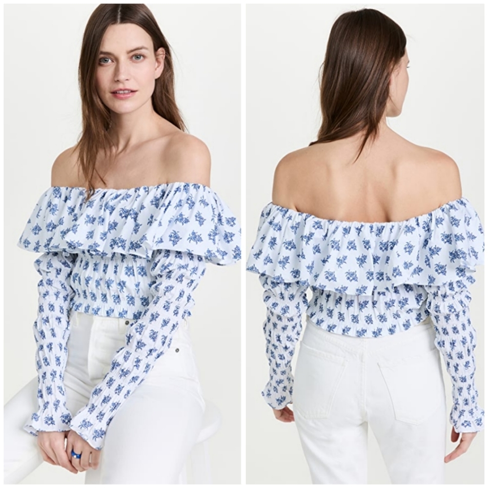 NWT Caroline Constas Lydia Top in Blue Toile Spot
